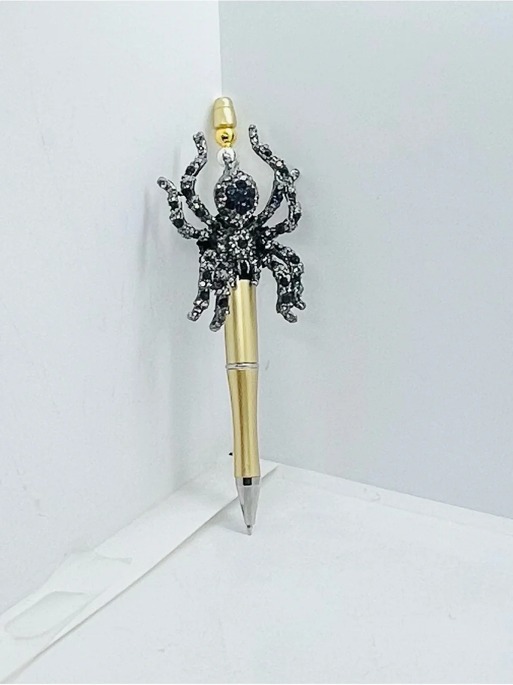 Gold Pen with Black Crystal Spider Accent - Decorative Writing Pen